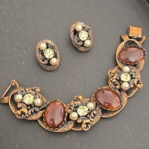 Selro Snake Parure Set Caramel Glass Faux Pearl Yellow Rhinestone Coppertone